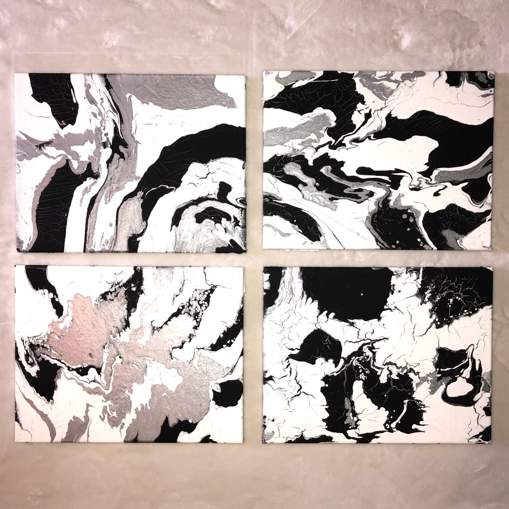 Set of 4 Black and White Crackled Marbled Painting